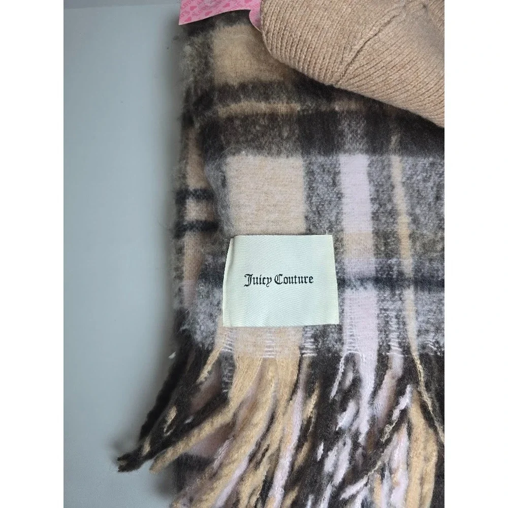 Juicy Couture Knit Beanie & Plaid Scarf Set Beige/Pink Pom Hat